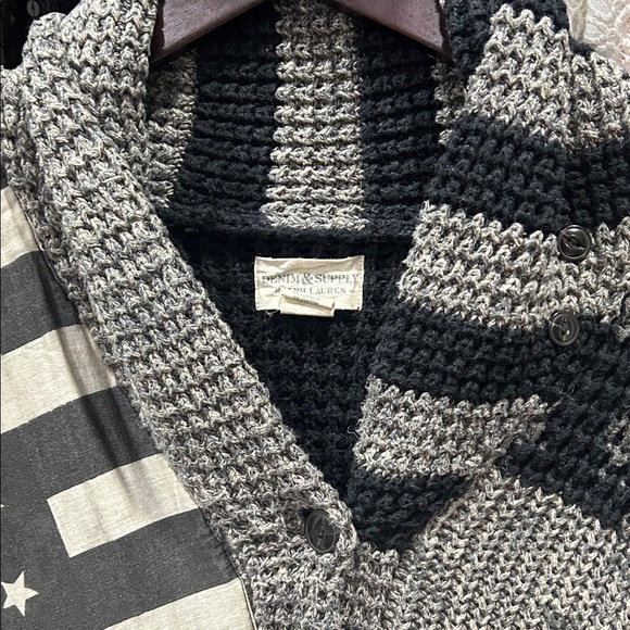 Gray and Black Patchwork Cardigan . Patriotic Cozy Denim and Supply Ralph Lauren - Picture 6 of 10